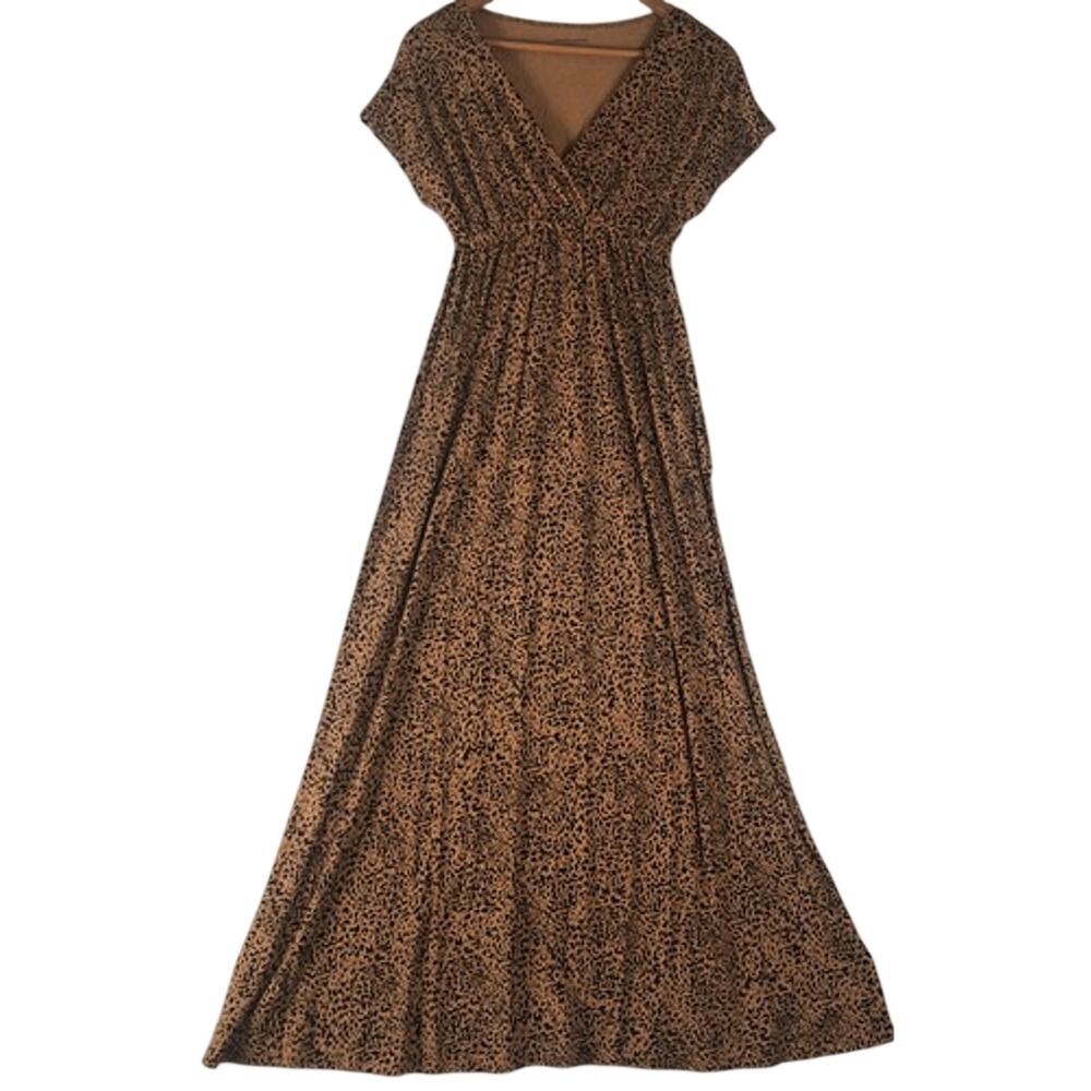 Dress Essentials Women's V-Neck Waisted Maxi Dress Black Dark Camel Sz-XS READ